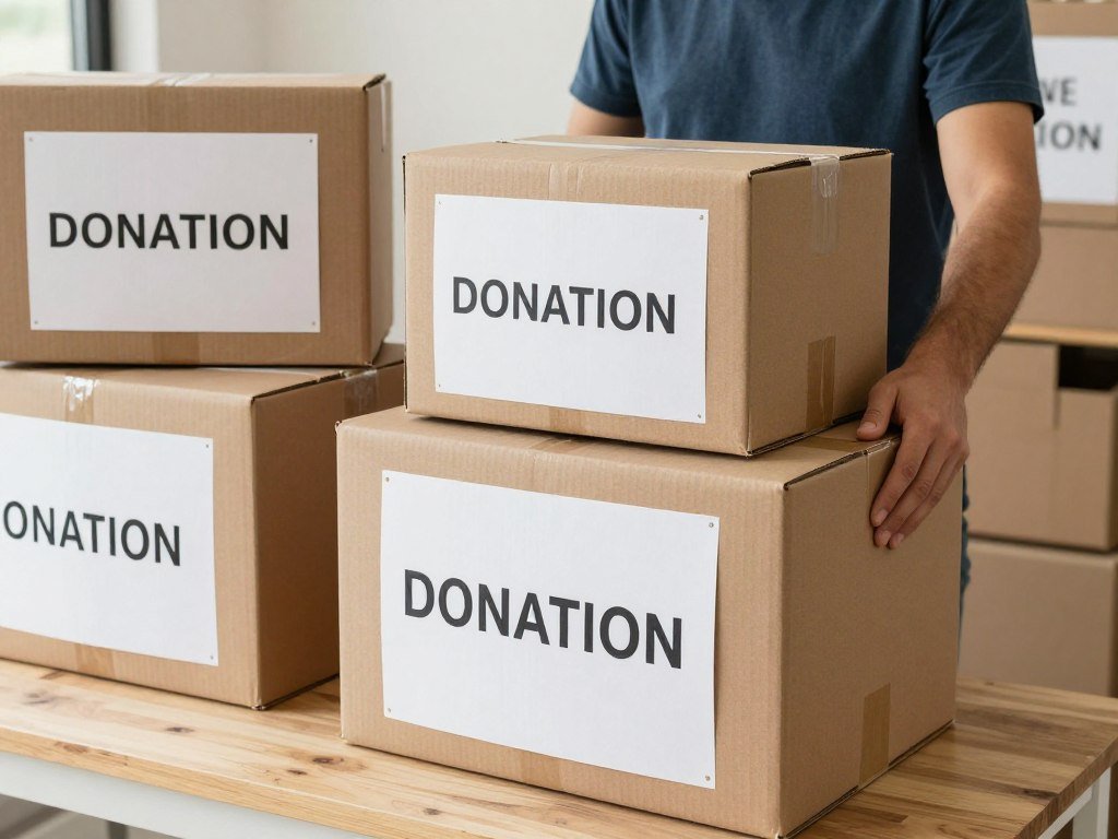Person loading unsold items into donation boxes