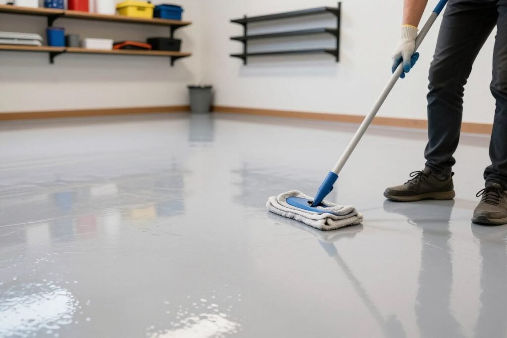 Person maintaining a finished garage by cleaning epoxy floor with appropriate tools