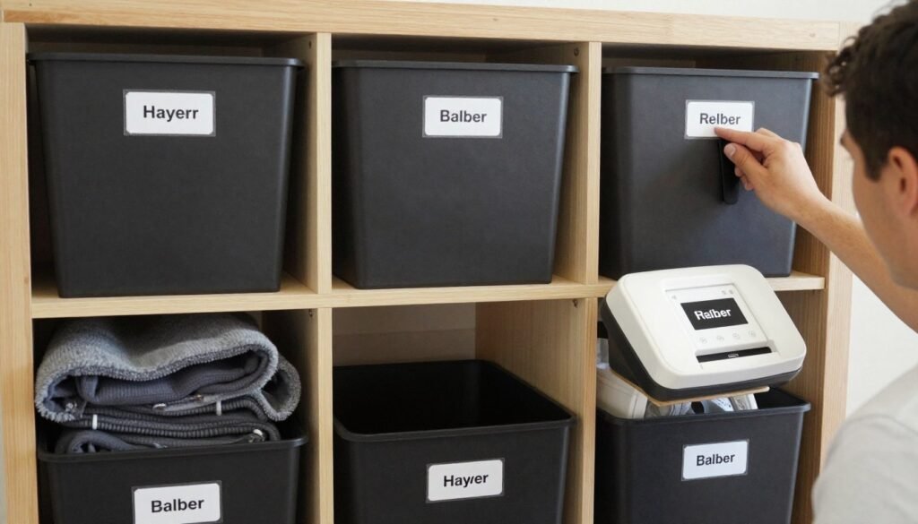 Person maintaining garage organization system with labeling and seasonal rotation