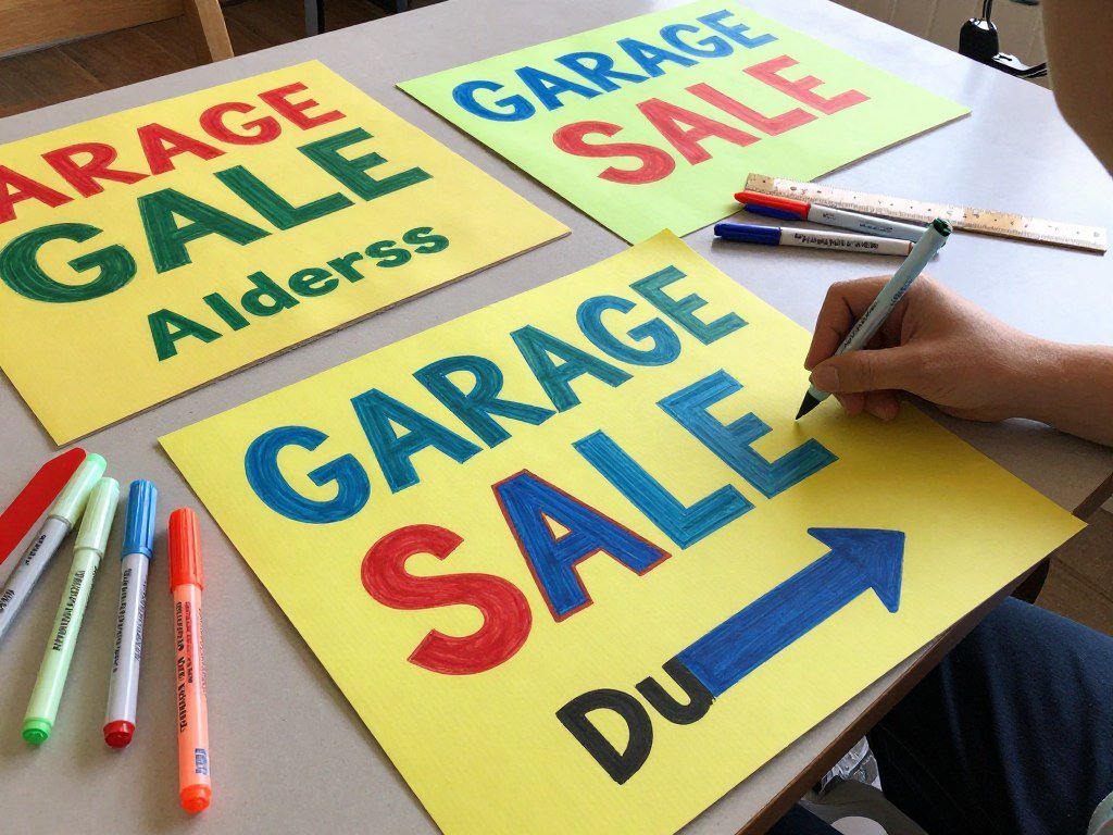 Person making colorful garage sale signs with bold lettering