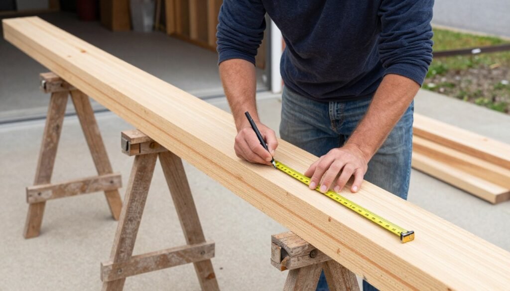 Person measuring and marking wood for a garage pergola project showing the first steps of construction