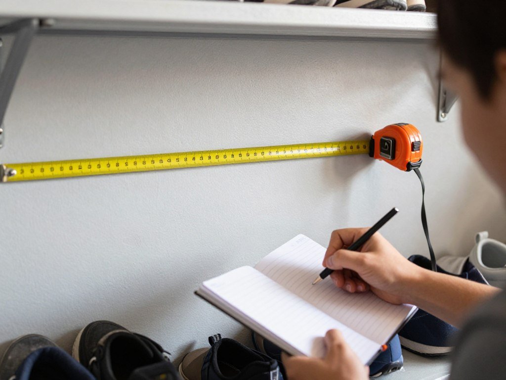 Person measuring and planning garage shoe storage space with tape measure and notebook