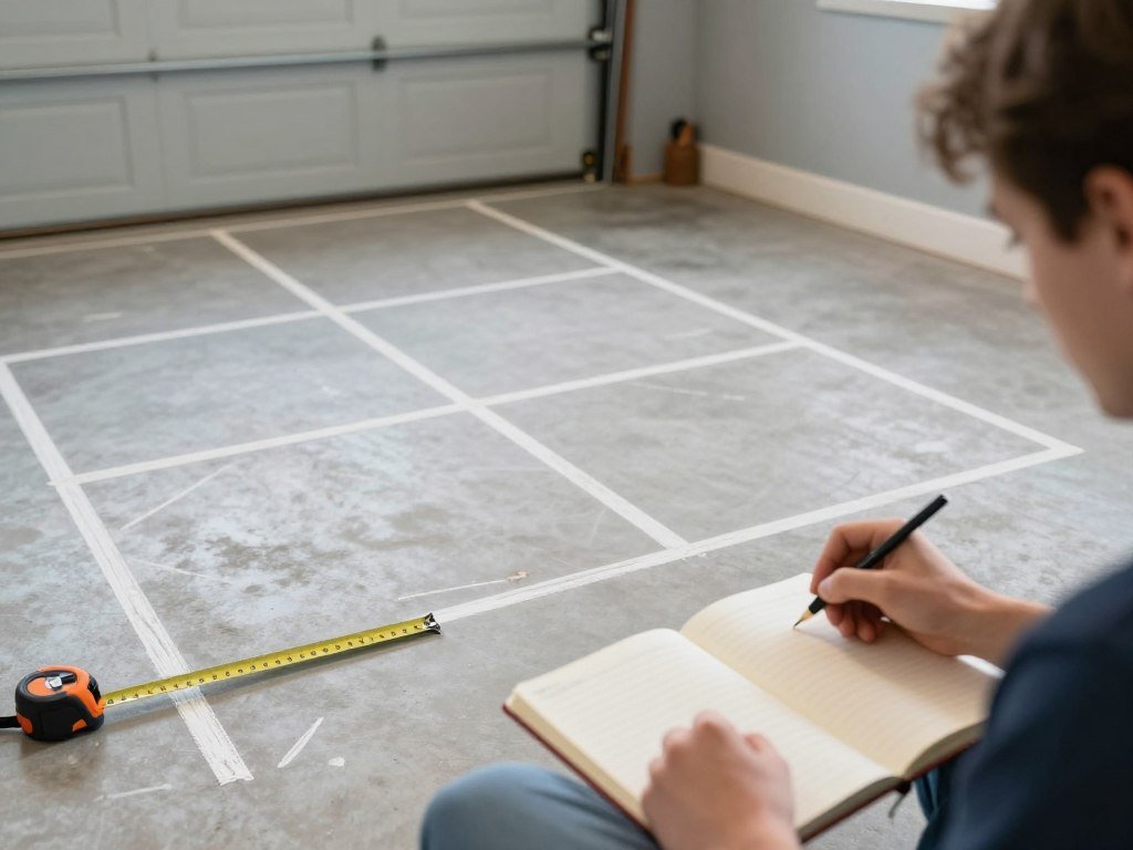 Person measuring and planning garage workshop space with tape measure and notebook
