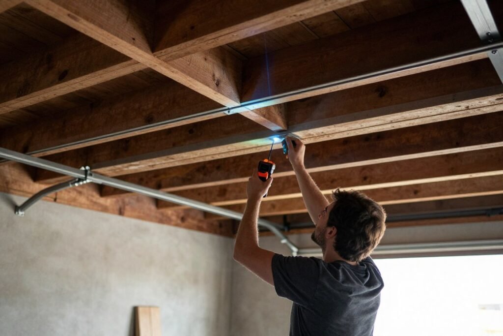 Person measuring garage ceiling height with a laser measuring tool