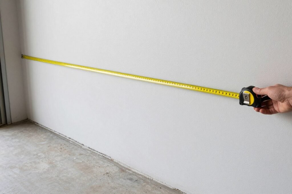 Person measuring garage wall space with tape measure for planning tool storage