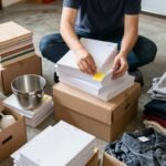Person organizing items for a garage sale, sorting through boxes and labeling items
