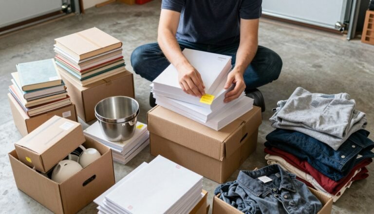 Person organizing items for a garage sale, sorting through boxes and labeling items