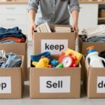 Person organizing items for a garage sale with sorting boxes labeled keep, sell, and donate