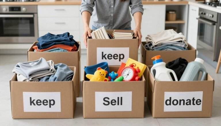 Person organizing items for a garage sale with sorting boxes labeled keep, sell, and donate