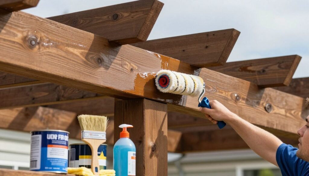 Person performing maintenance on a garage pergola by applying fresh stain to protect the wood