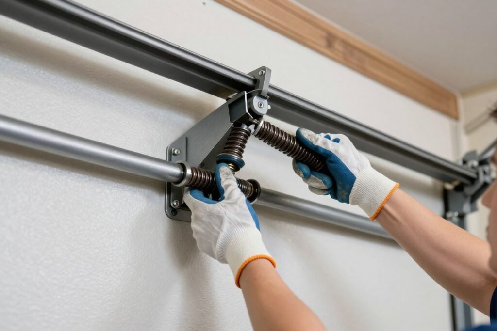 Person performing maintenance on garage door springs and tracks