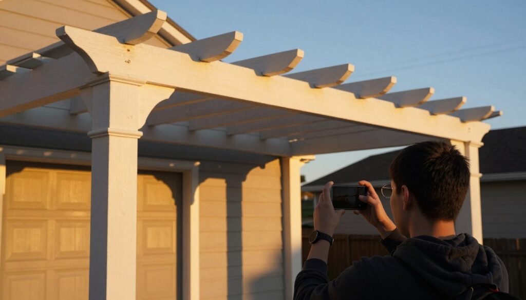 Person photographing a garage pergola at golden hour with a smartphone showing photography techniques