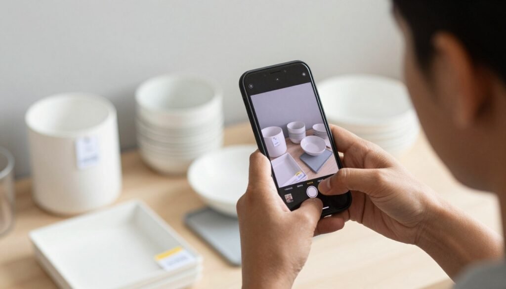 Person photographing items for online marketplace listings on a smartphone