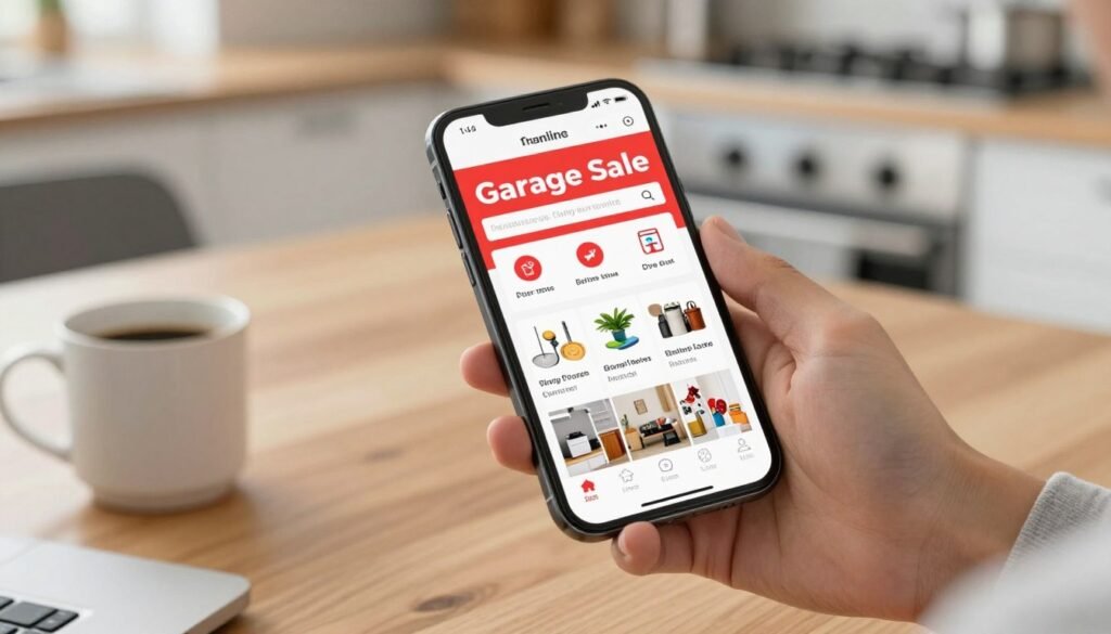 Person posting garage sale listing on online marketplace using smartphone