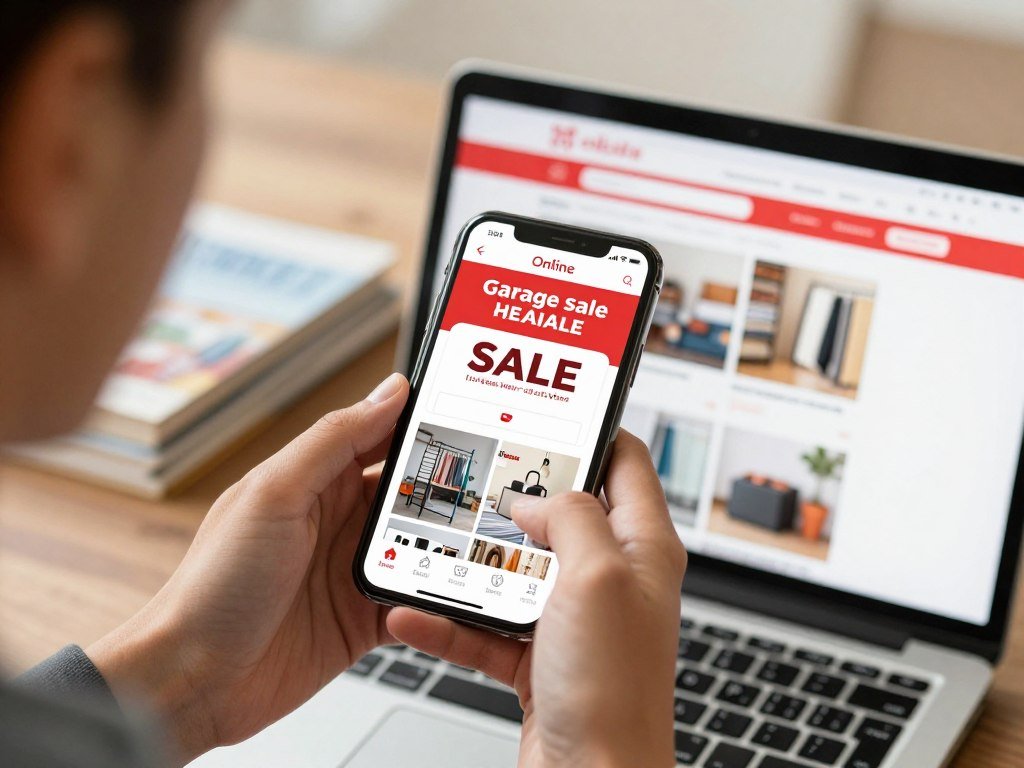 Person posting garage sale listing on online marketplace