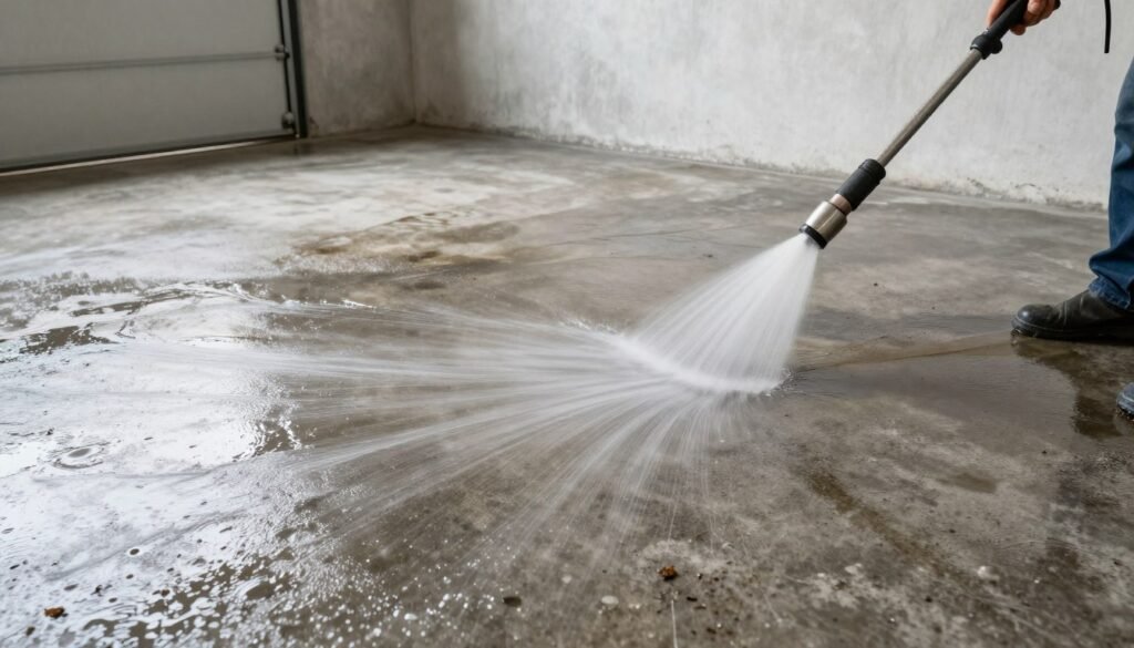 Person pressure washing garage floor to remove stains