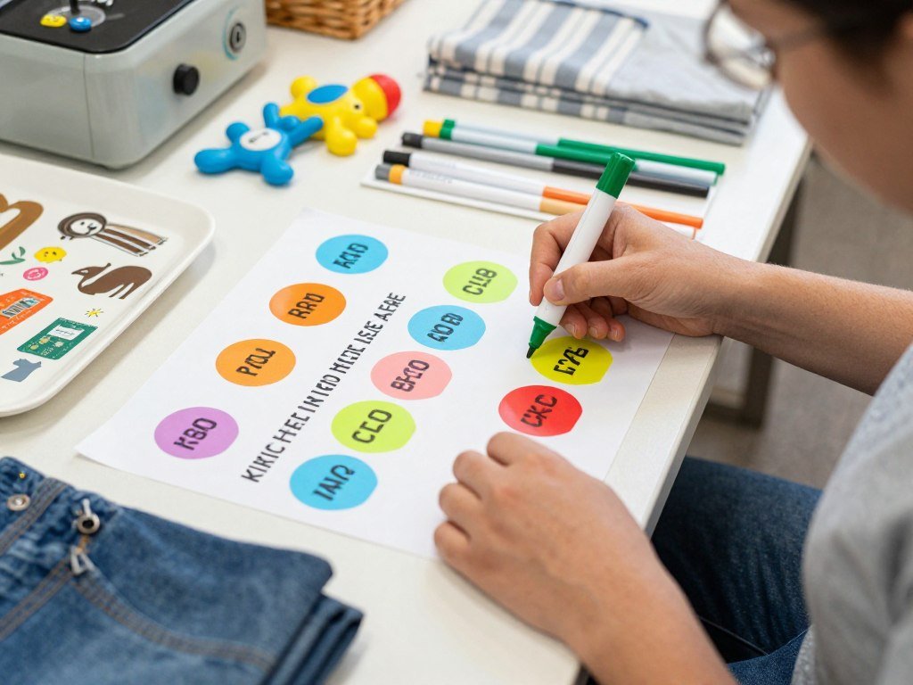 Person pricing garage sale items with colorful stickers and organizing them by category