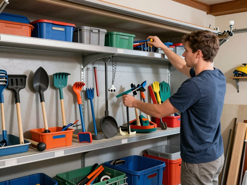 Person reorganizing seasonal tools in garage storage system