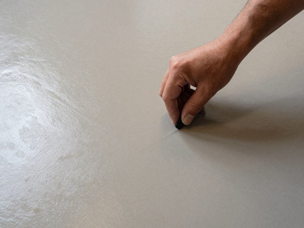 Person repairing a small chip in epoxy garage floor coating