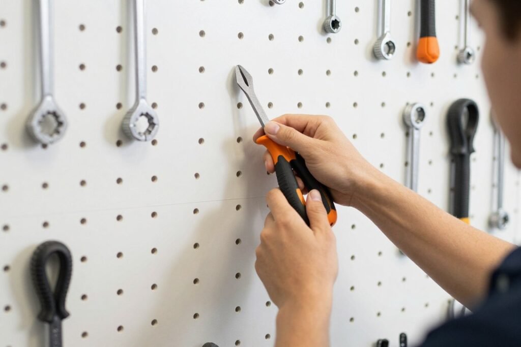Person returning tool directly to its outlined spot on pegboard