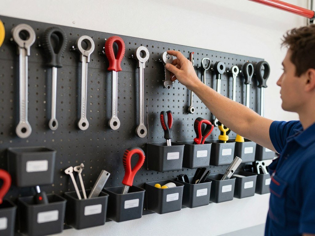 Person returning tools to designated storage spots in an organized garage