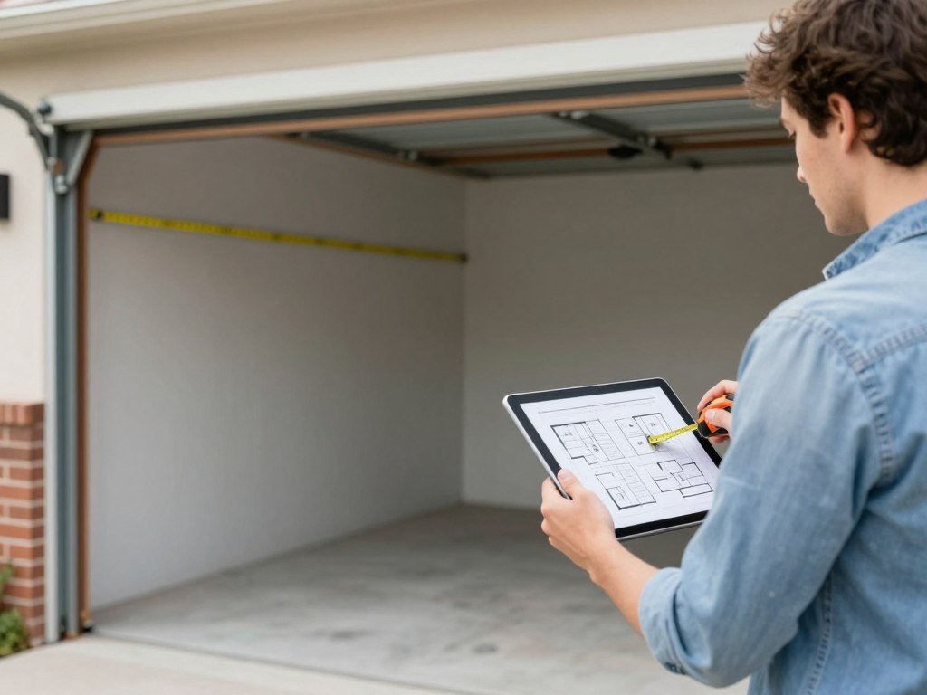 Person reviewing garage conversion plans with measuring tape and notebook in a garage