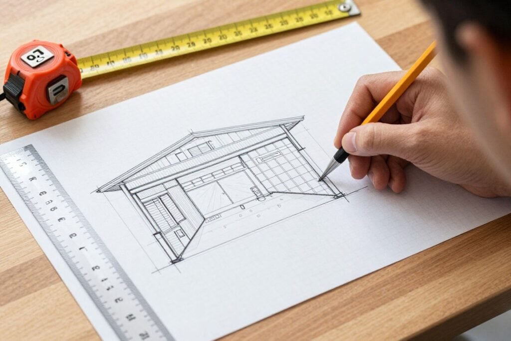 Person sketching garage layout plan on paper with measuring tape nearby