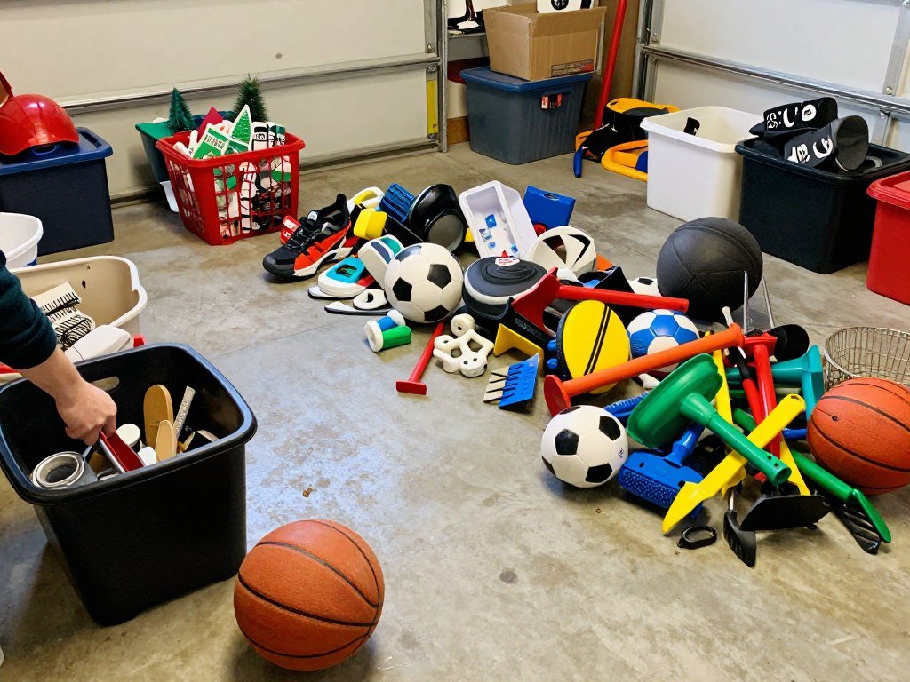 Person sorting and categorizing garage items before shelving installation