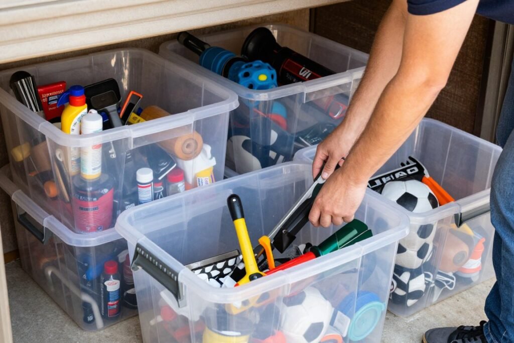 Person sorting and categorizing garage items into labeled bins