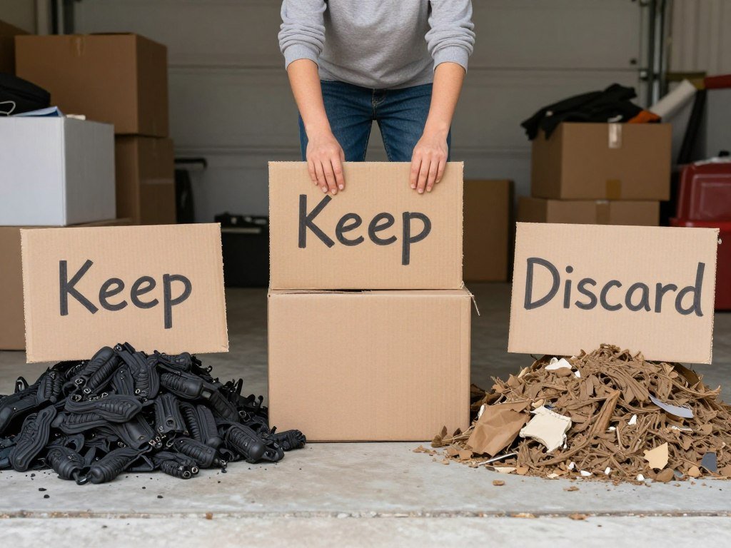 Person sorting garage items into keep, donate, and discard piles