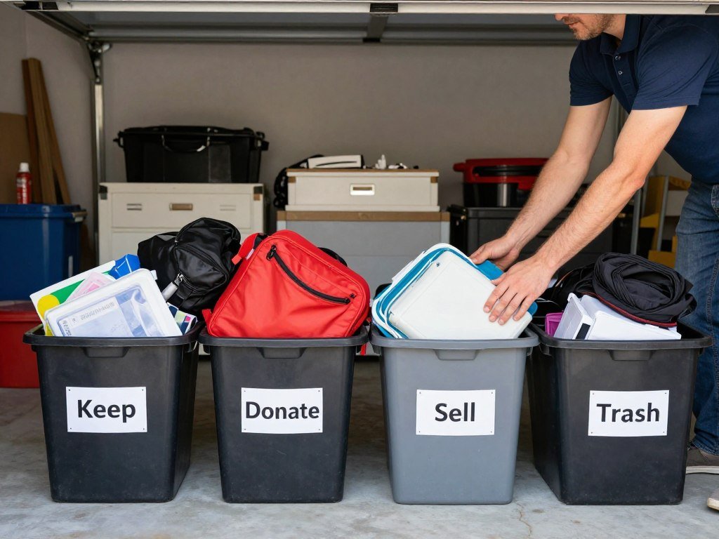 Person sorting garage items into labeled bins for keep, donate, sell, and trash categories during decluttering process