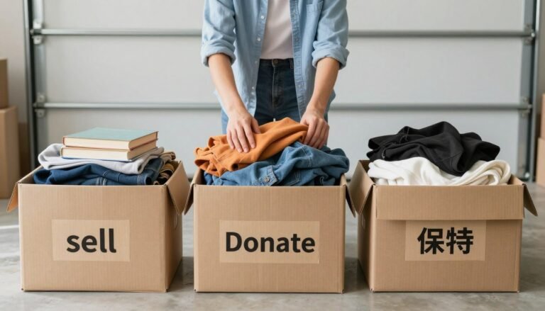 Person sorting items into labeled boxes for garage sale preparation