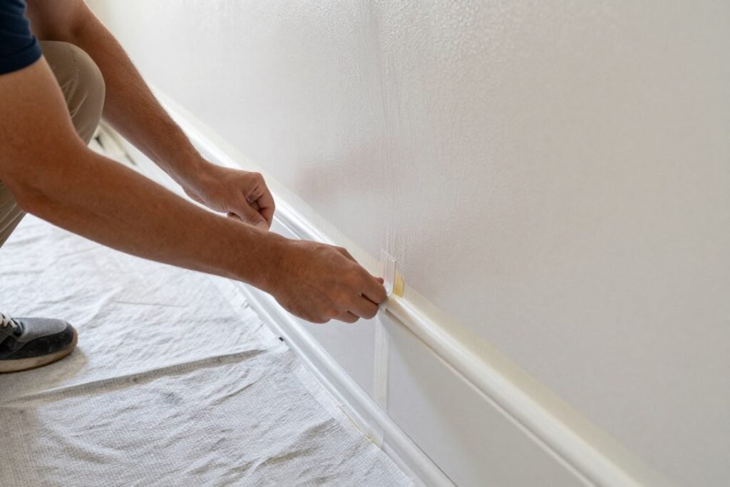 Person using painter's tape to create clean lines along garage wall trim