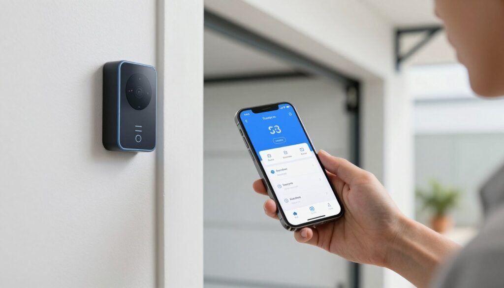 Person using smartphone app to control smart garage door opener
