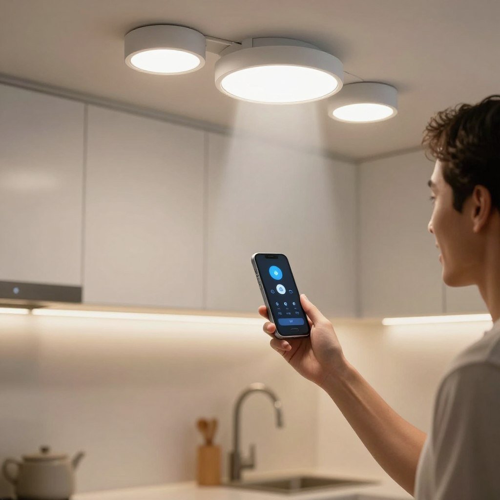 Person using voice commands to control kitchen lighting