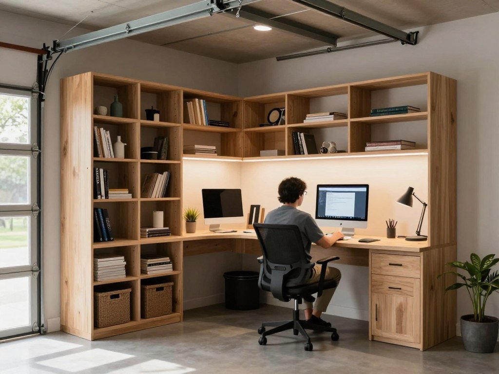 Person working in a converted garage office with built-in storage and good lighting