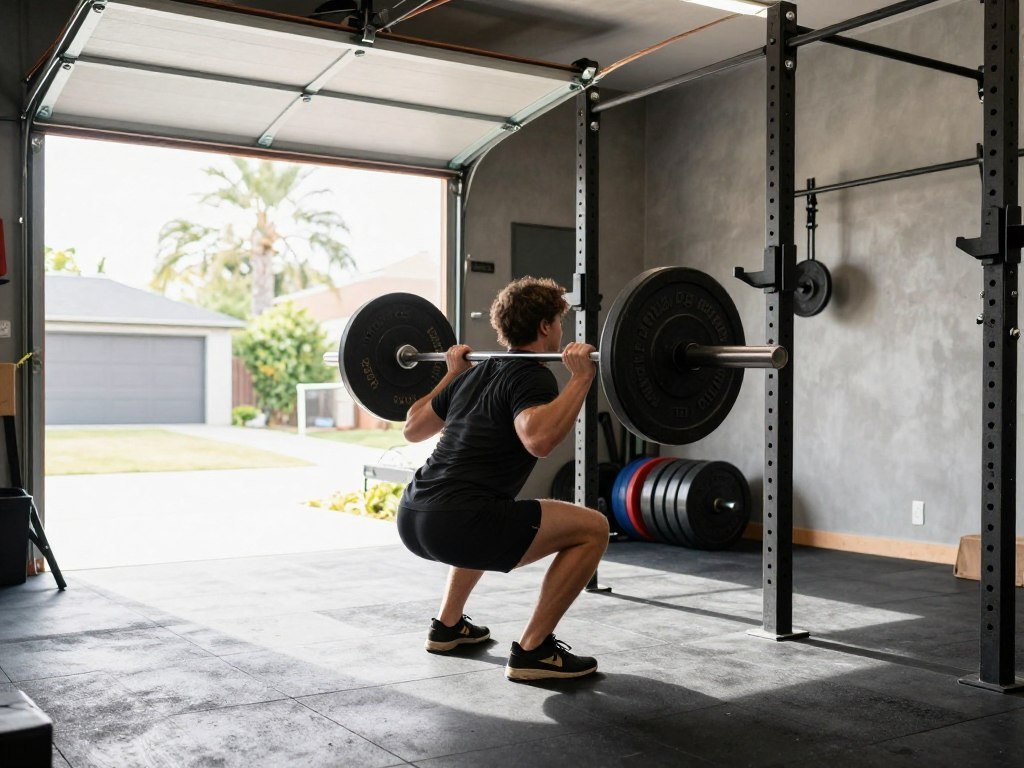 Person working out in their garage gym with natural light streaming in