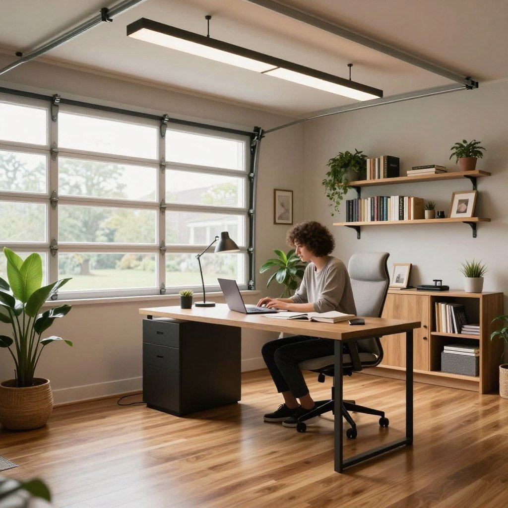 Person working remotely in converted garage apartment home office
