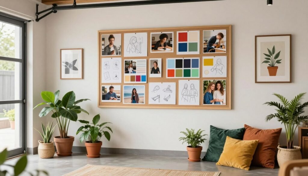 Personalized garage art studio with inspiration board, plants, comfortable seating, and personal touches