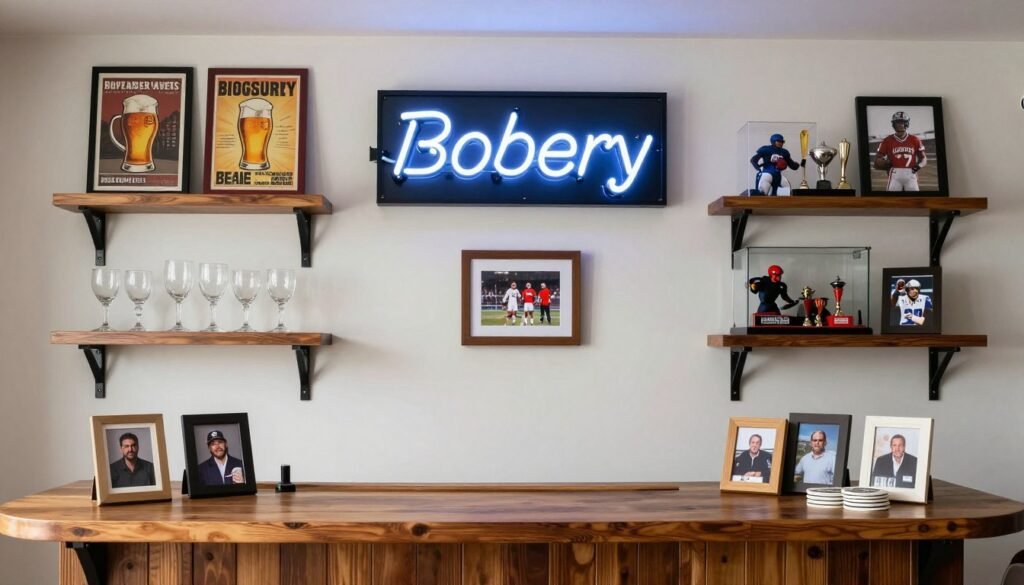 Personalized garage bar decor including signs, memorabilia, and themed elements