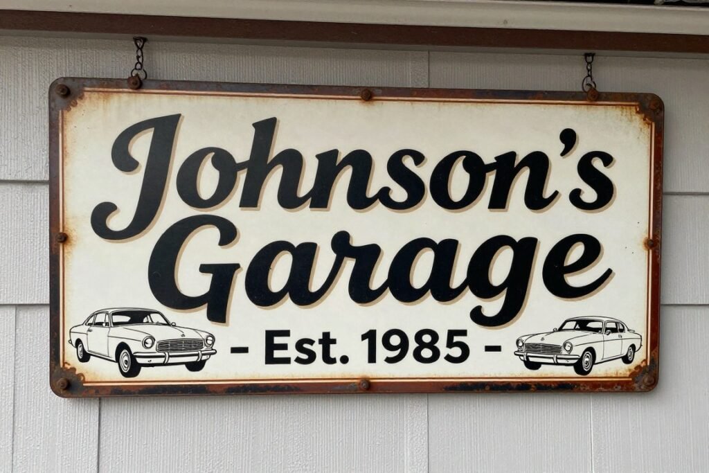 Personalized garage sign with family name and established date in vintage style Personalized garage sign with family name and established date in vintage style