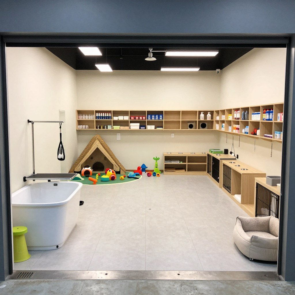 Pet-focused garage conversion with grooming station, play area, and storage Pet-focused garage conversion with grooming station, play area, and storage