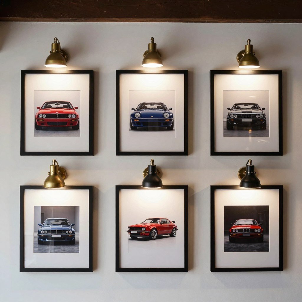 Picture lights mounted directly above framed automotive artwork Picture lights mounted directly above framed automotive artwork