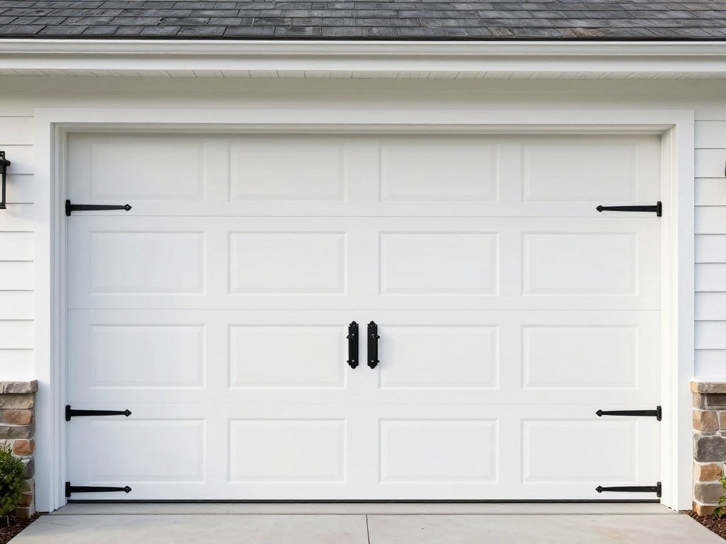 Plain white garage door transformed with black decorative hardware including handles and strap hinges