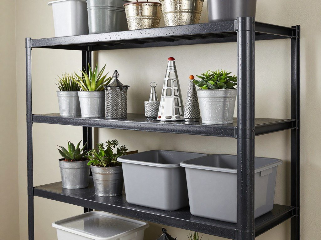 Plastic utility shelving units holding garden supplies and seasonal items Plastic utility shelving units holding garden supplies and seasonal items