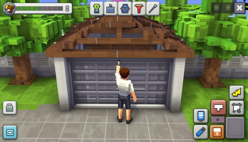 Player building a custom garage in Bloxburg with building tools and design elements visible