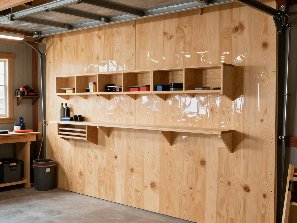 Plywood garage walls with a clean finish and mounted storage accessories Plywood garage walls with a clean finish and mounted storage accessories