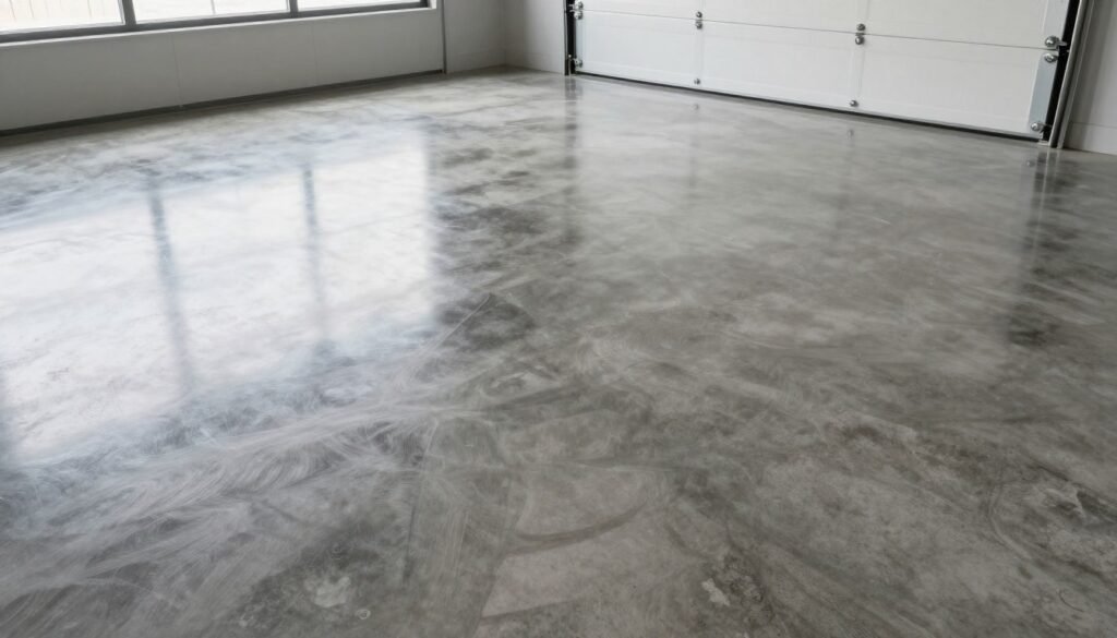 Polished concrete garage floor with subtle gray stain