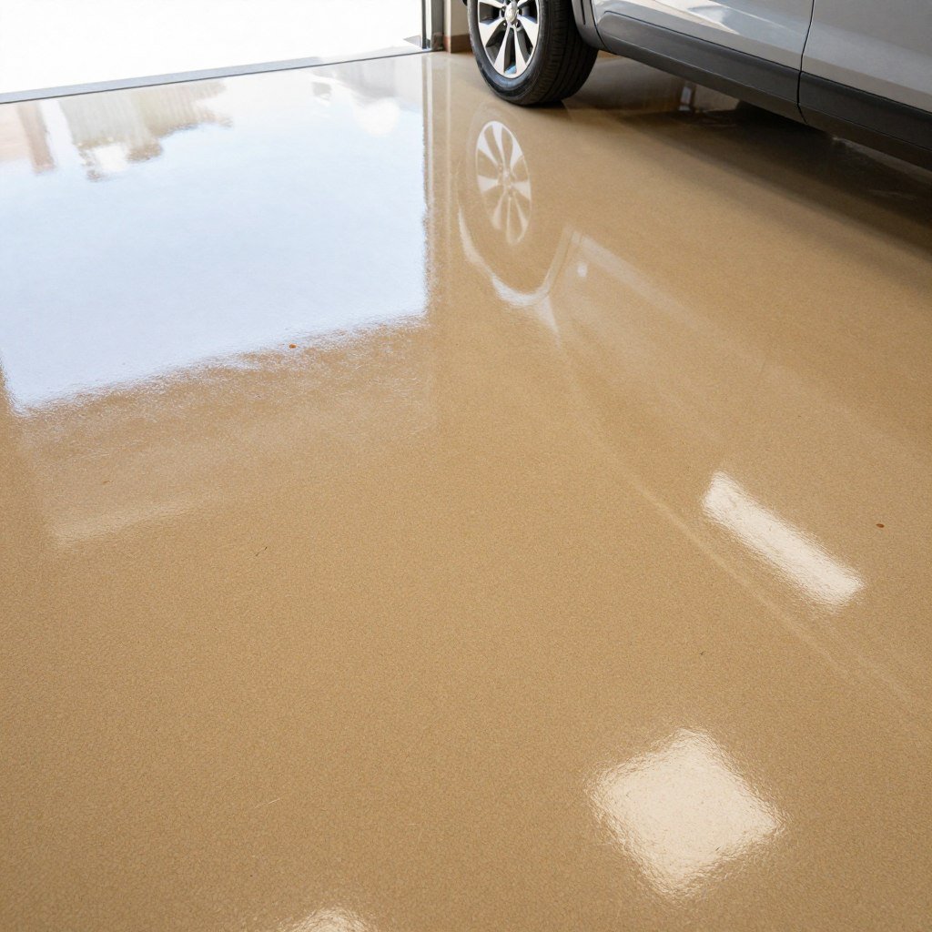 Polyaspartic coated garage floor with tan base and decorative flakes