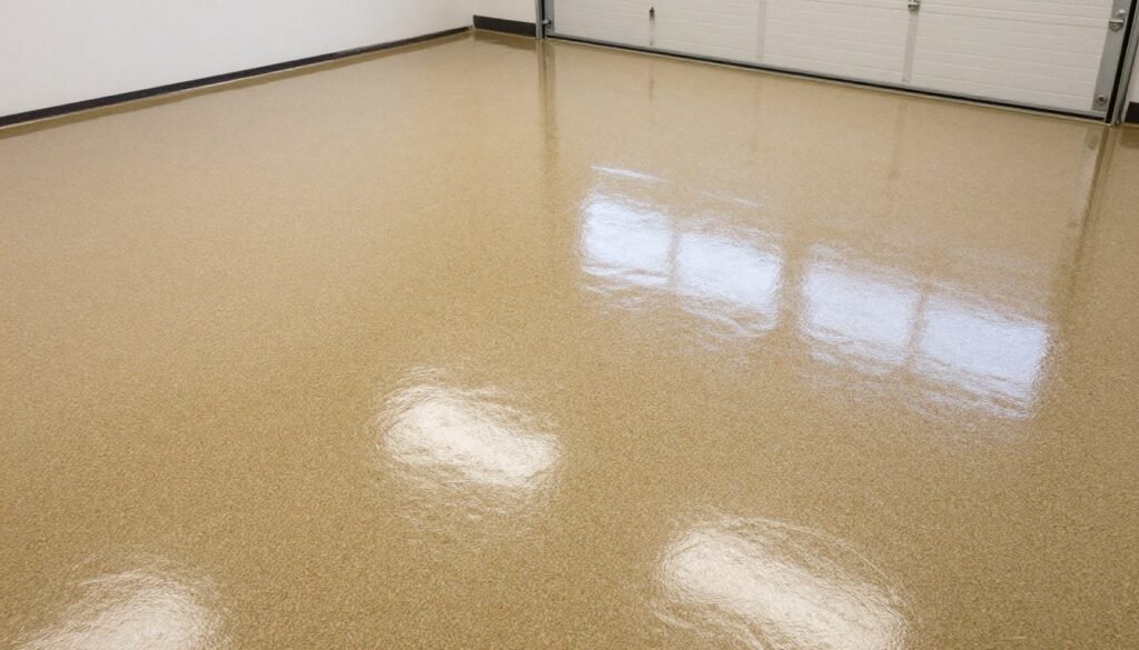 Polyaspartic garage floor coating with tan and brown flakes